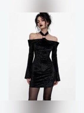 Essue Black Crushed Velvet Mini Dress Off Shoulder Halter Neck Elbow Sleeve Goth
